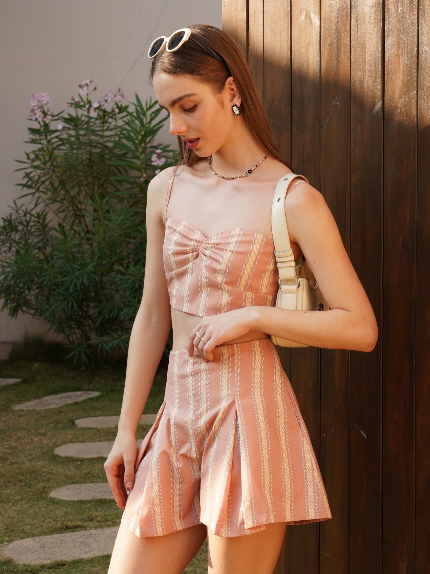 Summer Peach Striped Crop Top and Shorts Set