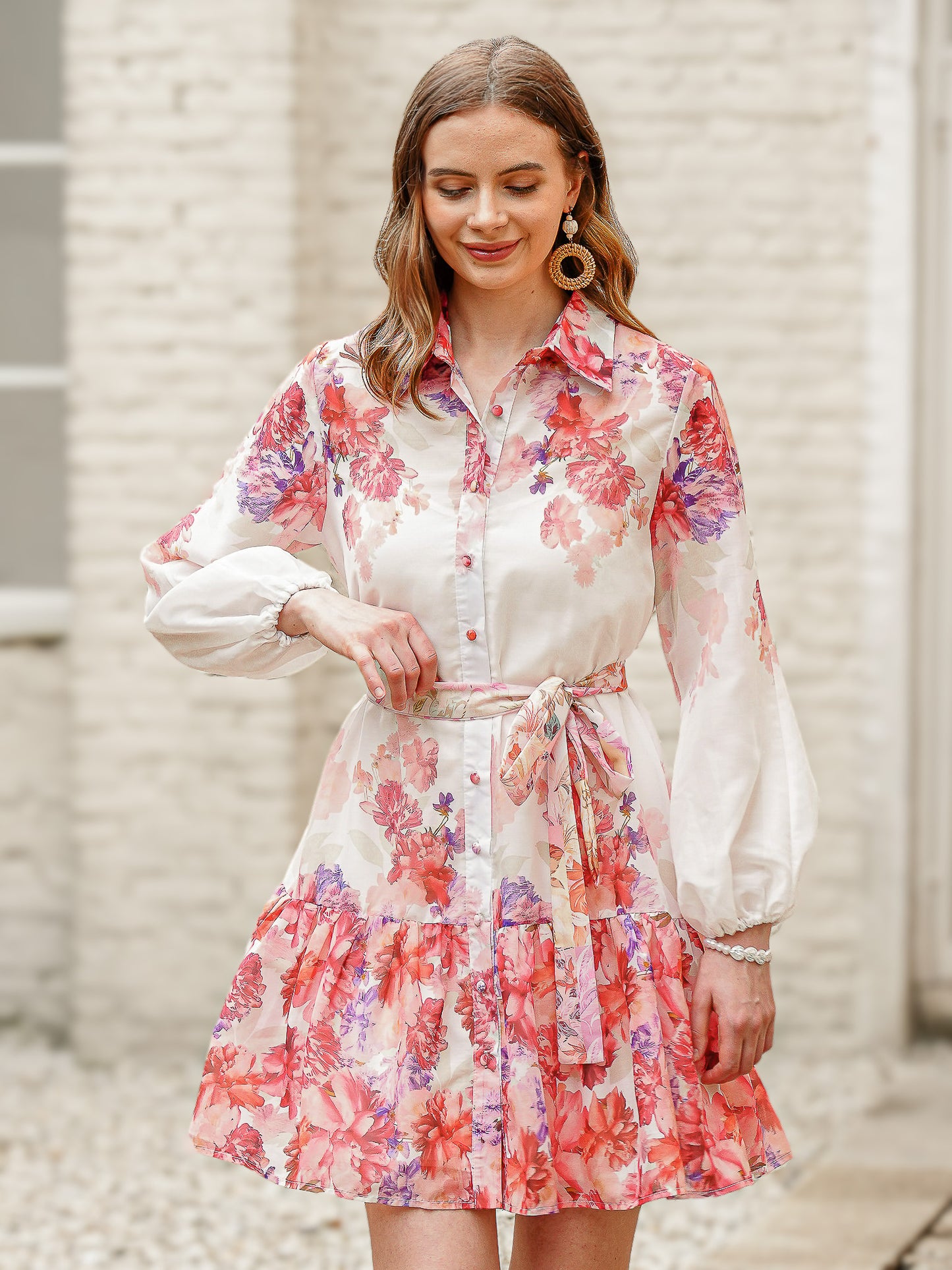 Floral Print Dress with Belt and Cami