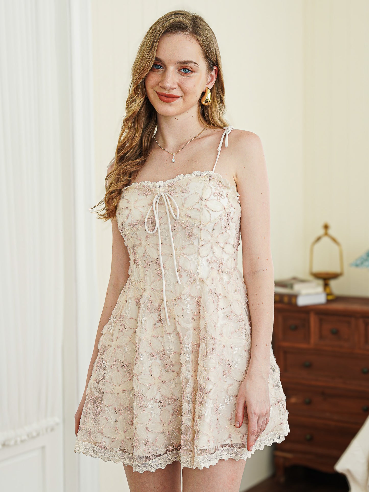 Blush Shimmer Floral Lace A-line Dress