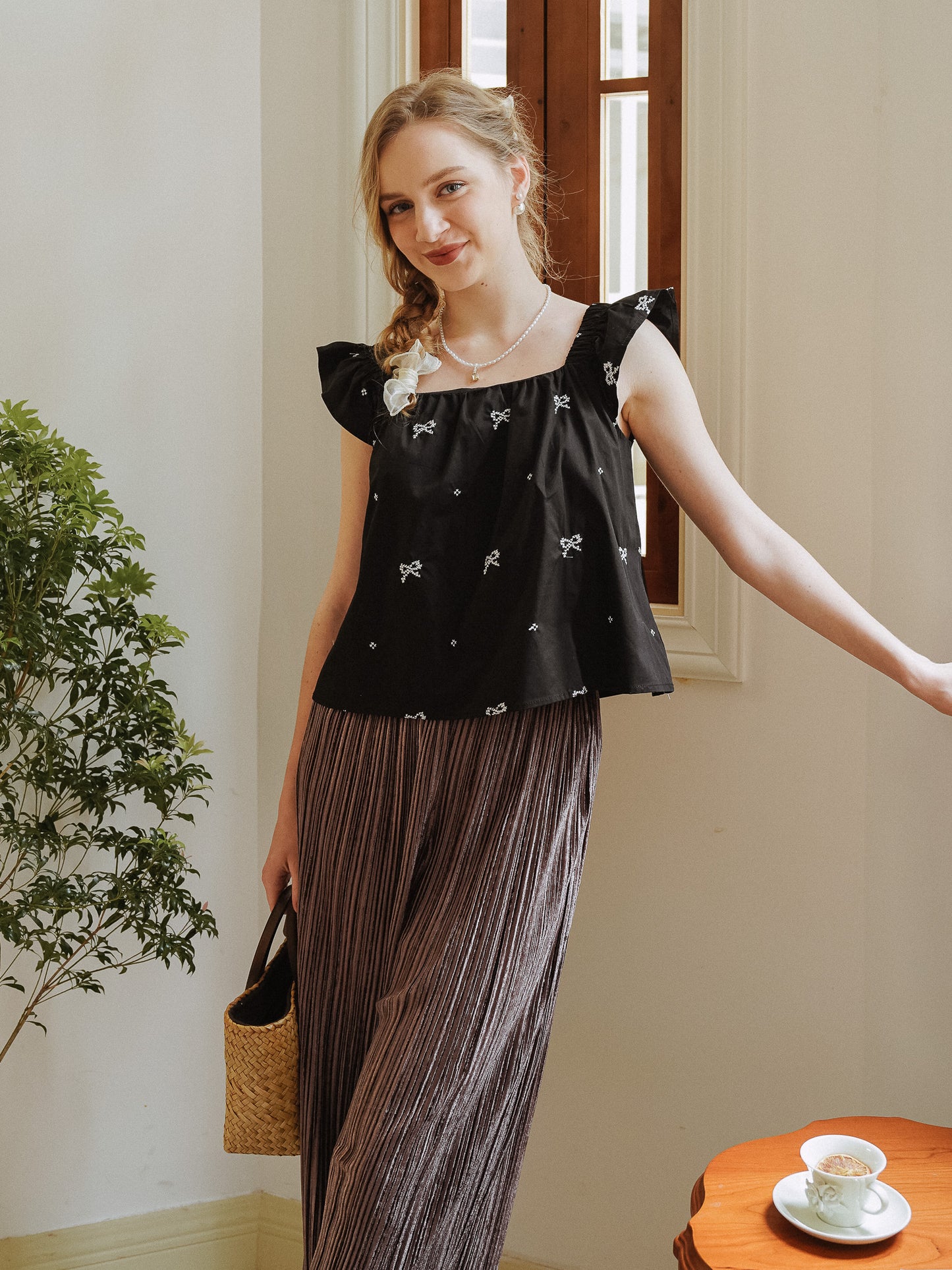 Bow-Embellished Ruffle Sleeve Top