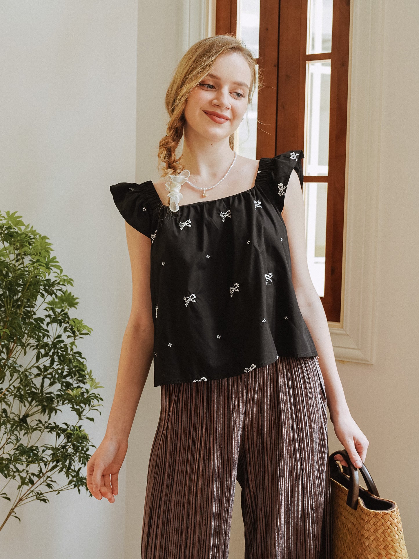 Bow-Embellished Ruffle Sleeve Top