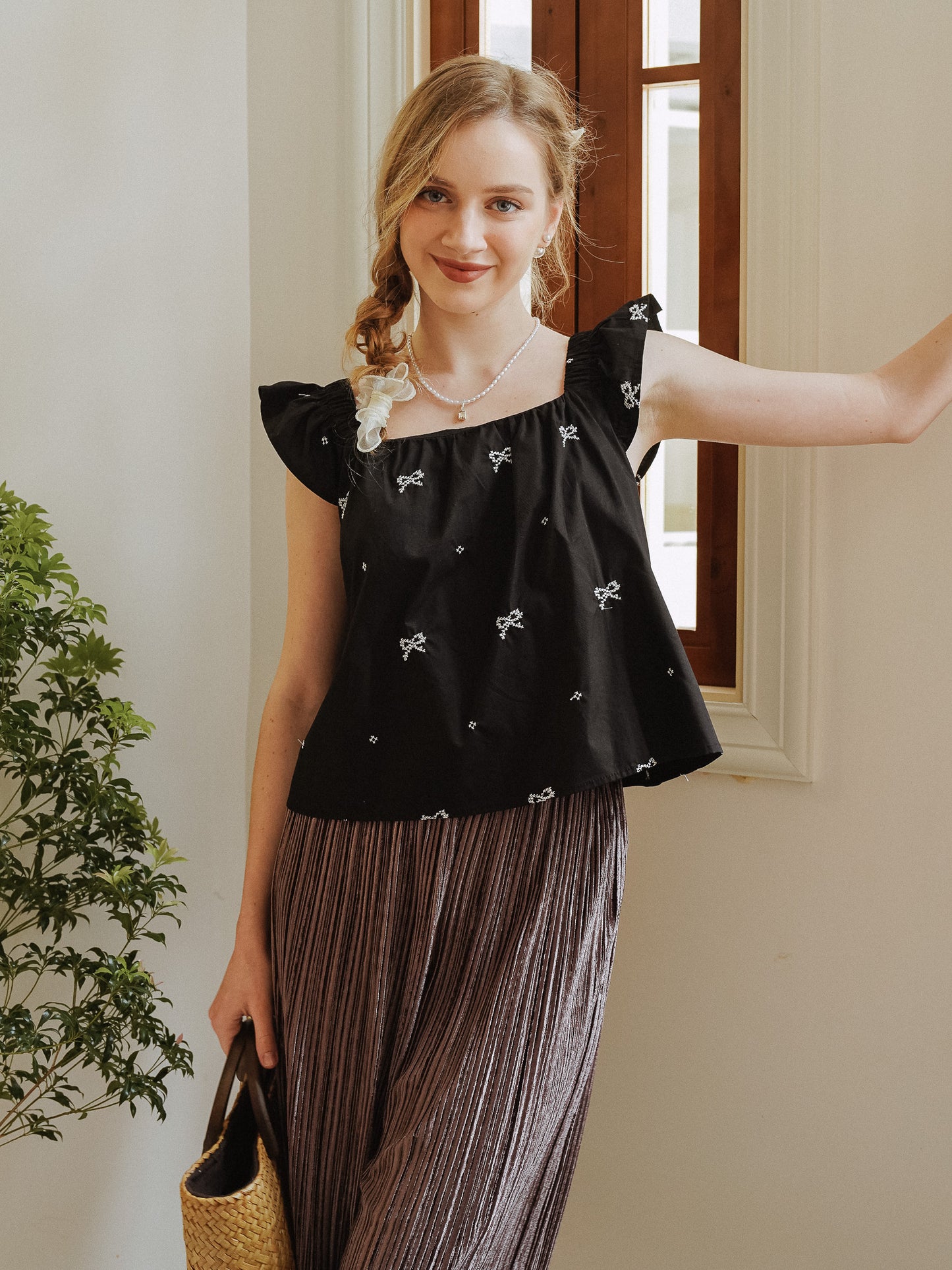 Bow-Embellished Ruffle Sleeve Top