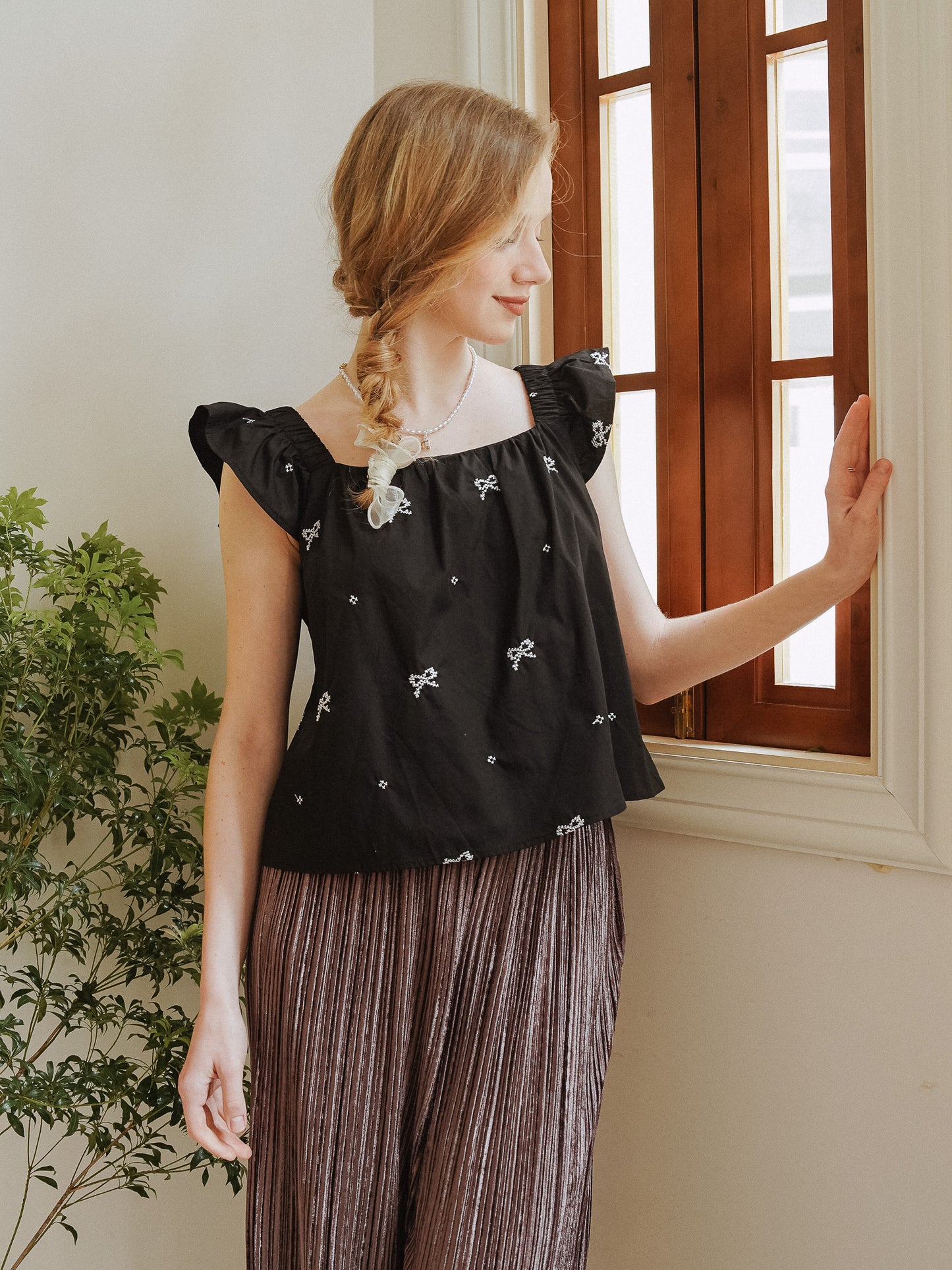 Bow-Embellished Ruffle Sleeve Top