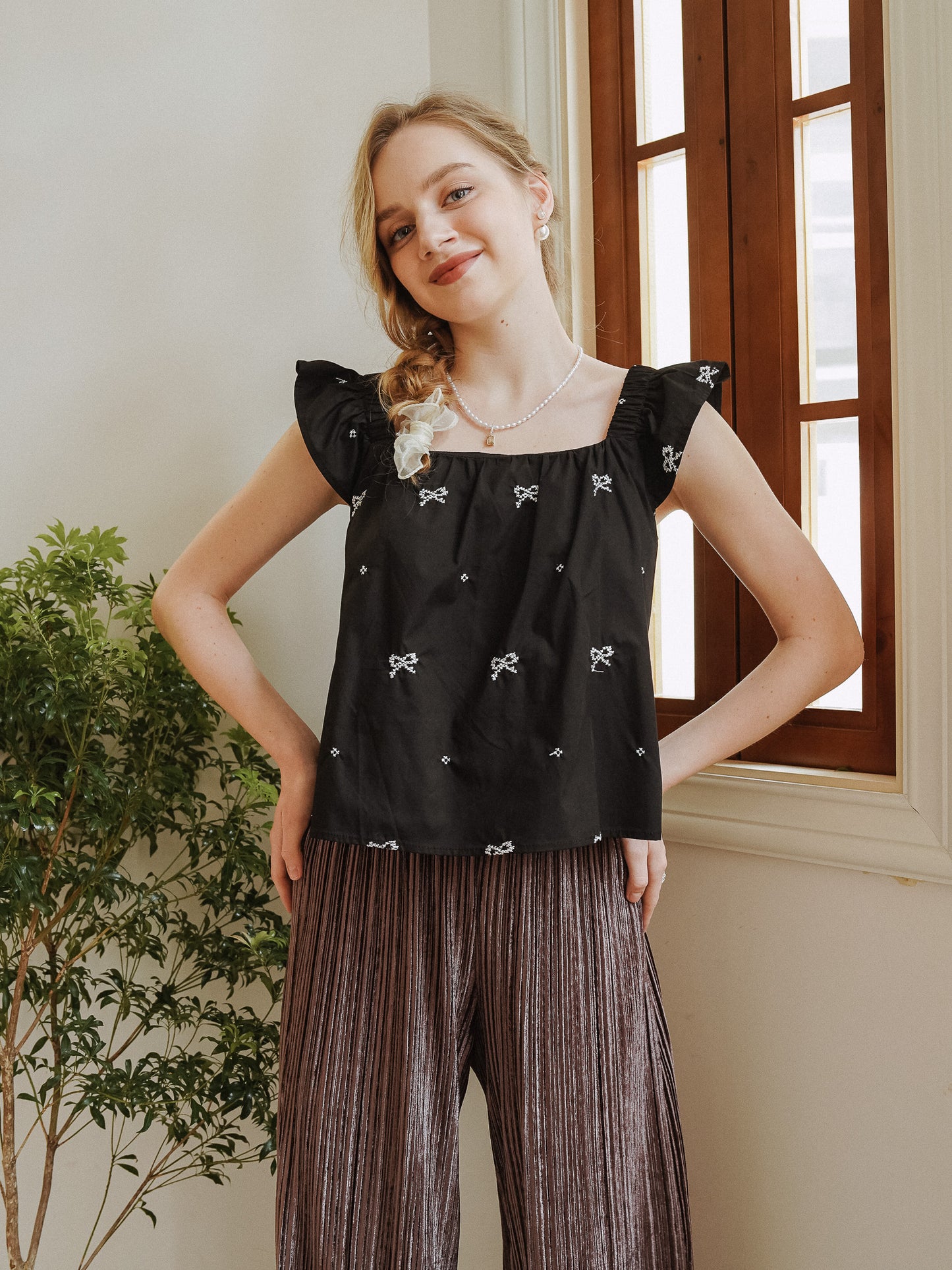 Bow-Embellished Ruffle Sleeve Top