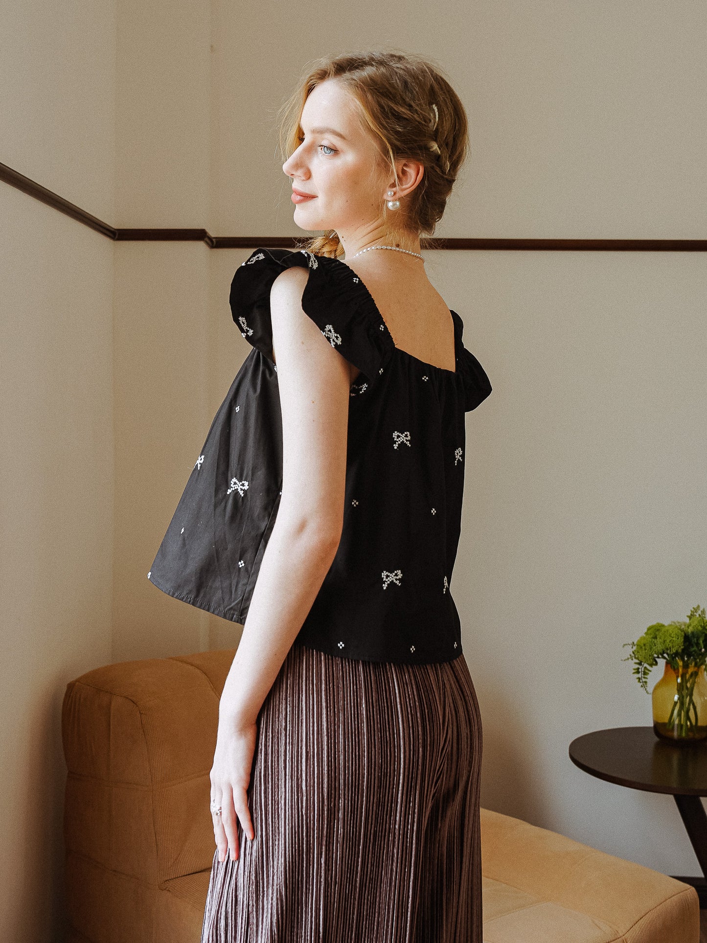 Bow-Embellished Ruffle Sleeve Top