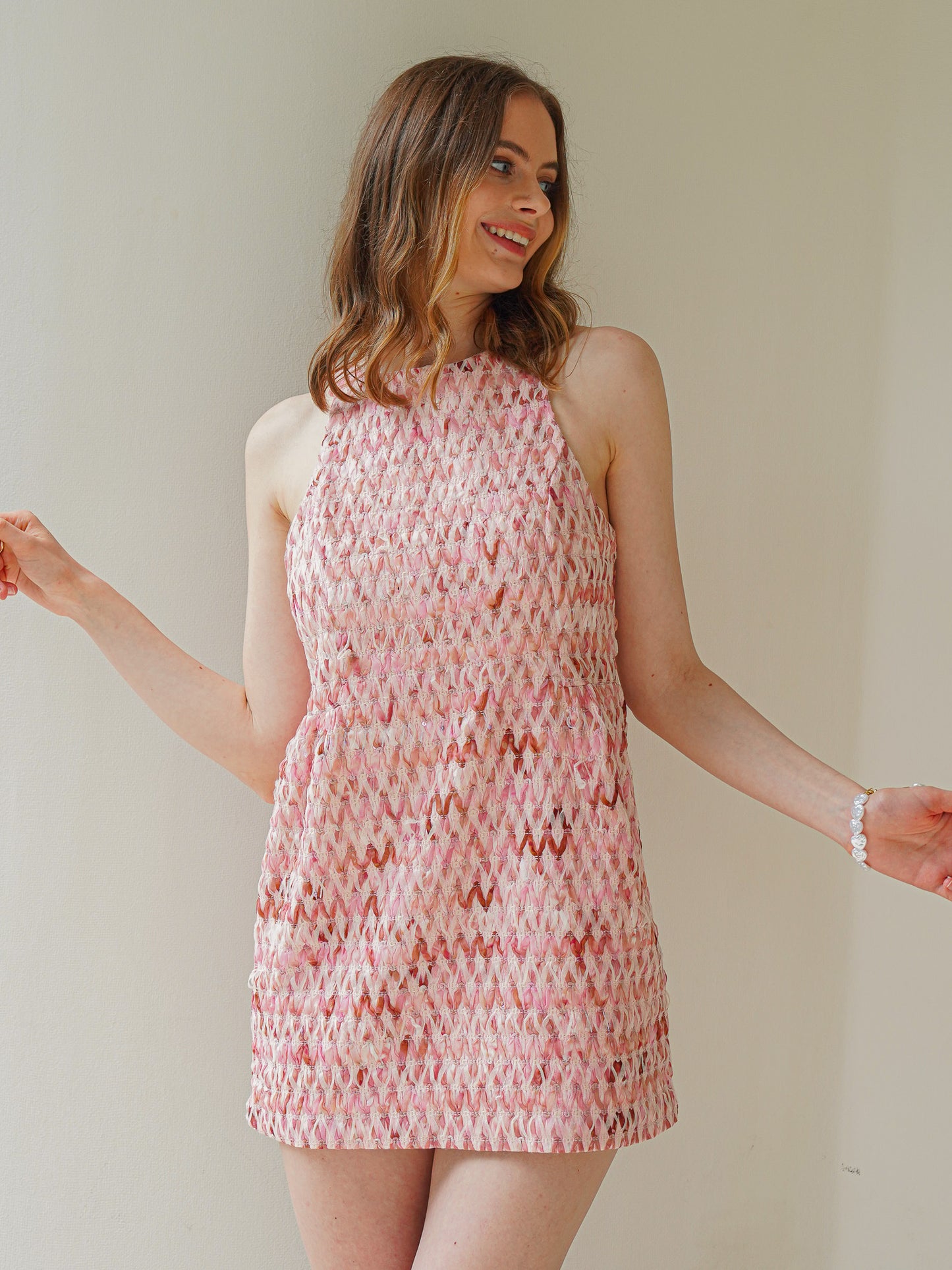 Coral Pink Herringbone Tweed Sleeveless Mini Dress