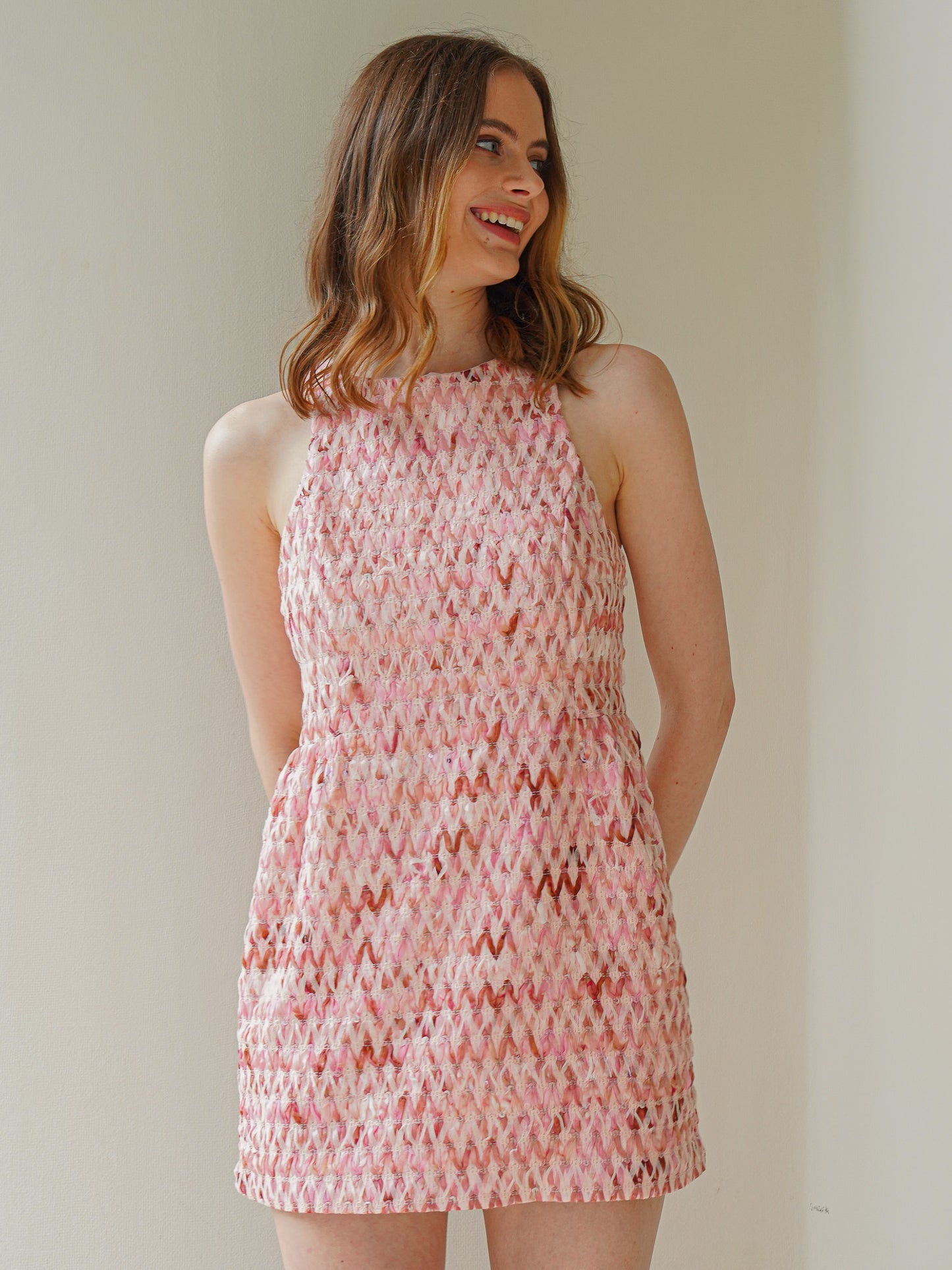 Coral Pink Herringbone Tweed Sleeveless Mini Dress