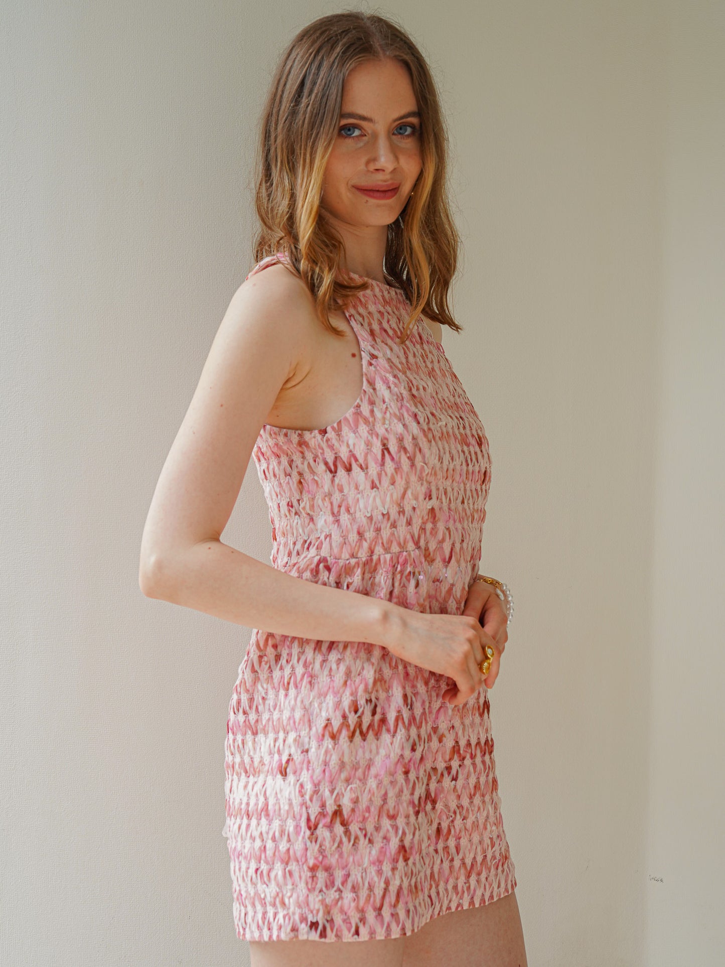Coral Pink Herringbone Tweed Sleeveless Mini Dress