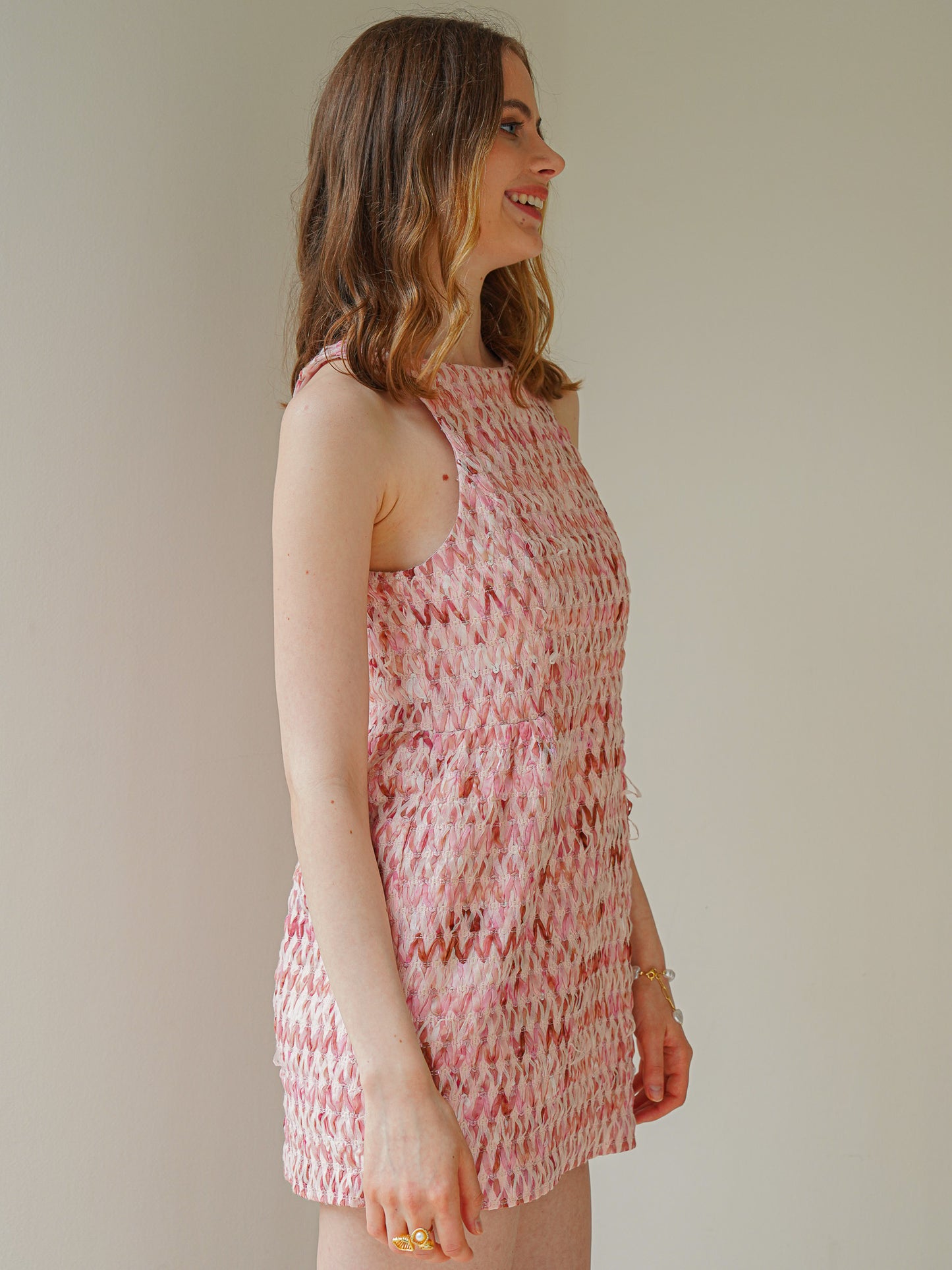 Coral Pink Herringbone Tweed Sleeveless Mini Dress