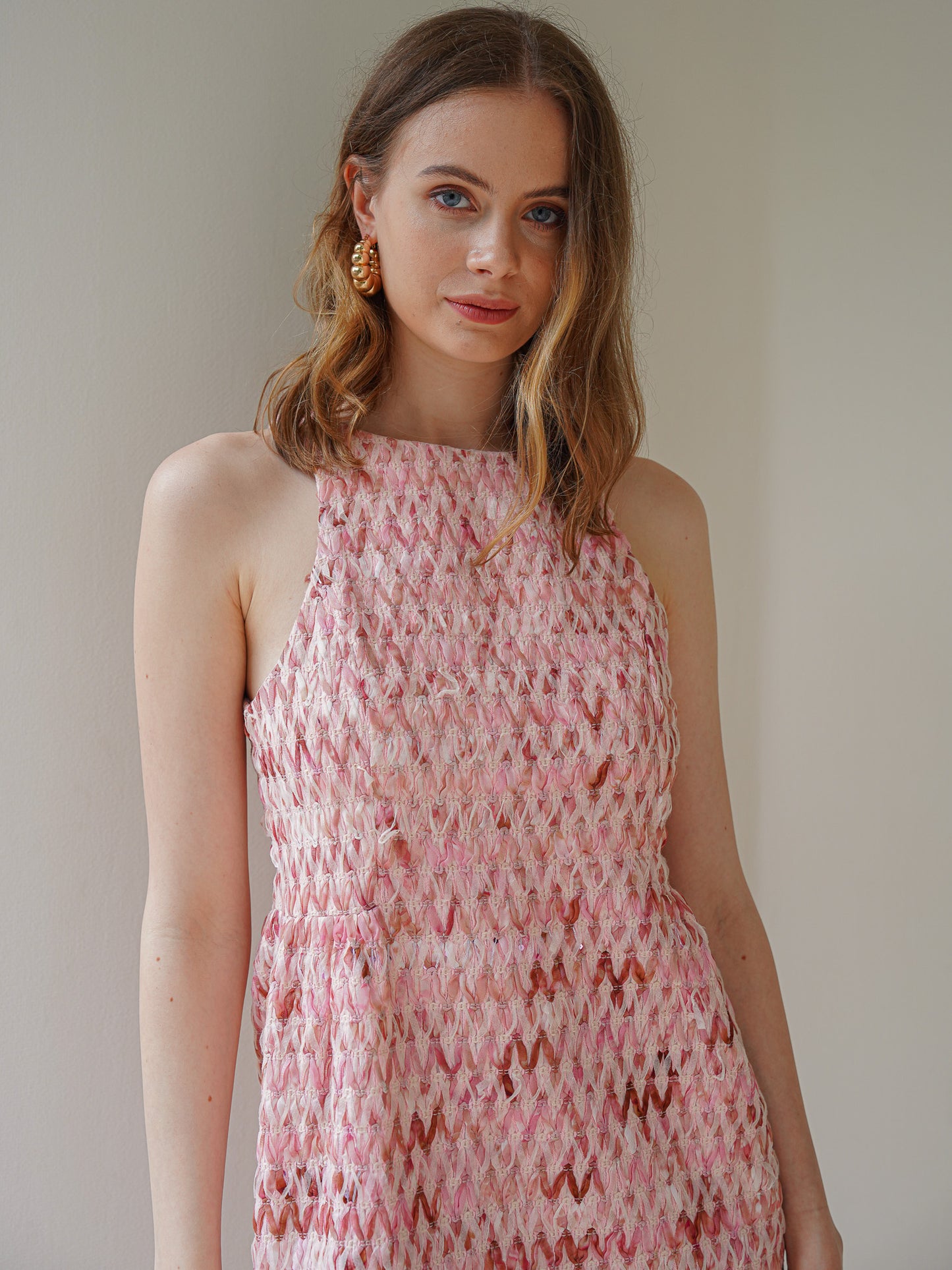 Coral Pink Herringbone Tweed Sleeveless Mini Dress