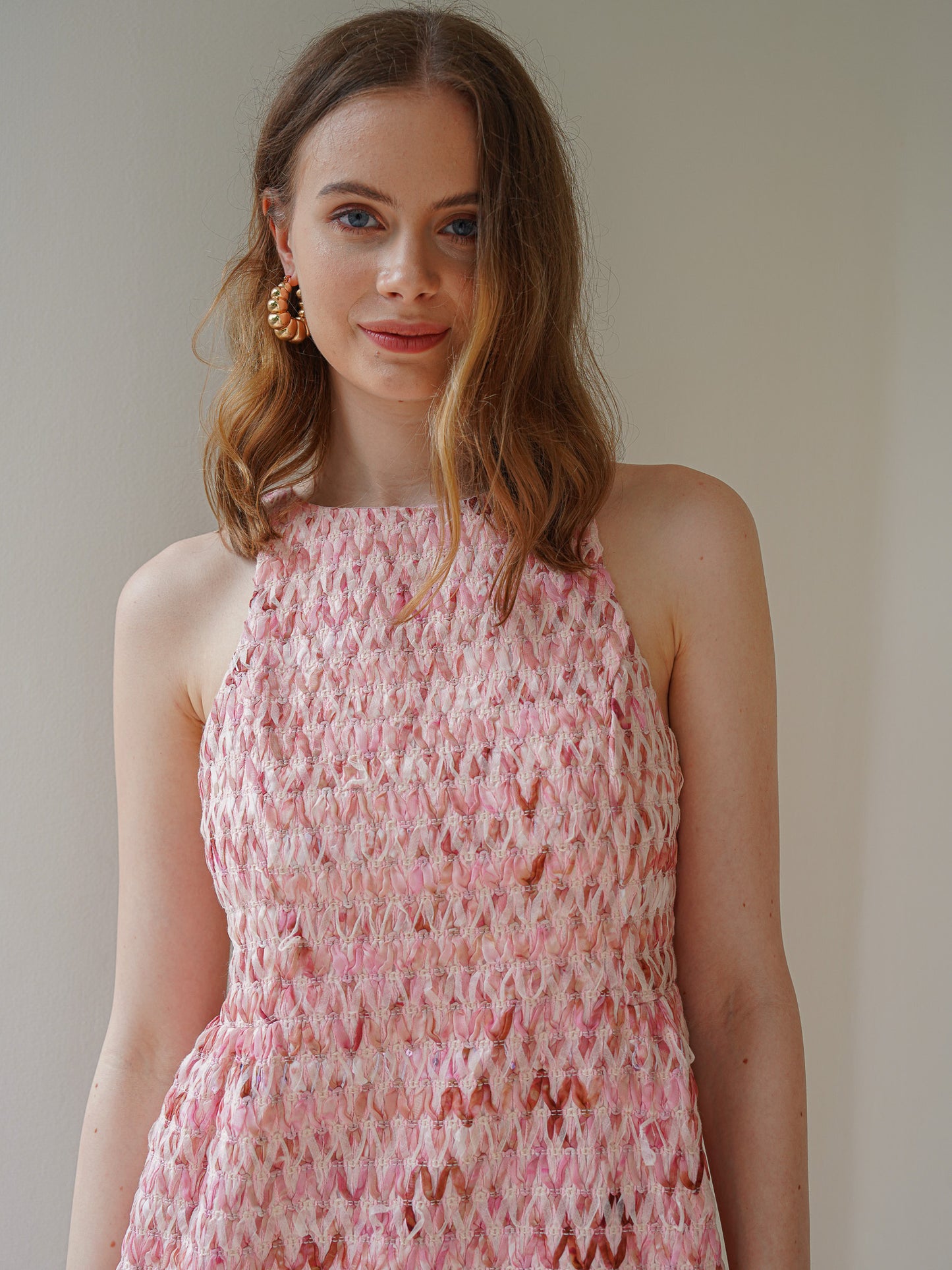 Coral Pink Herringbone Tweed Sleeveless Mini Dress