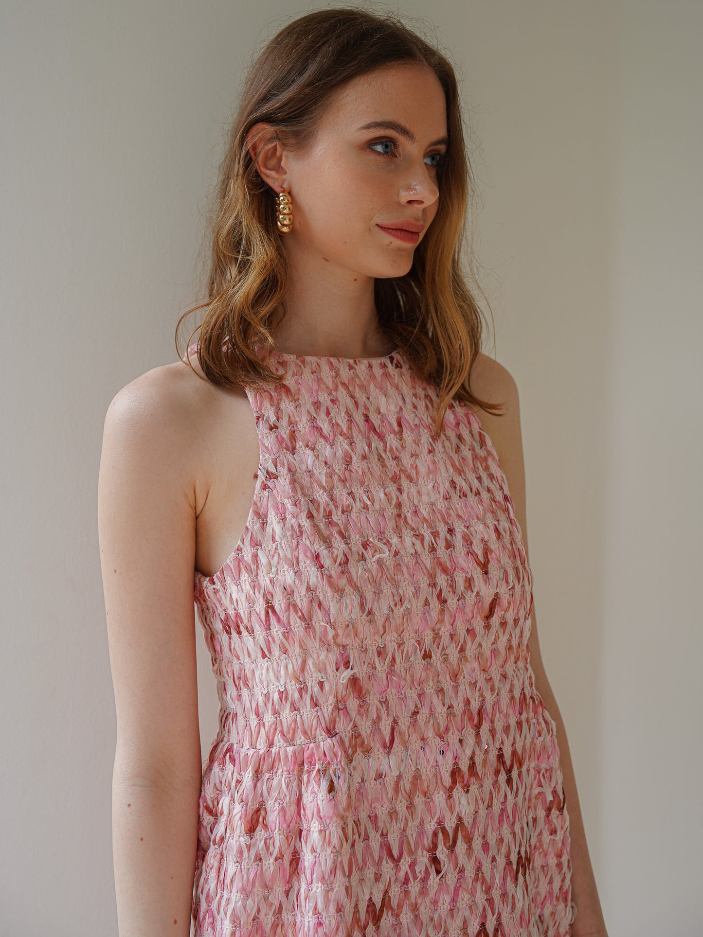 Coral Pink Herringbone Tweed Sleeveless Mini Dress