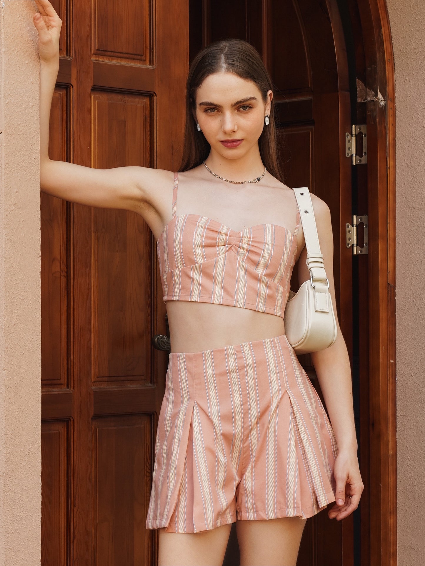 Summer Peach Striped Crop Top and Shorts Set