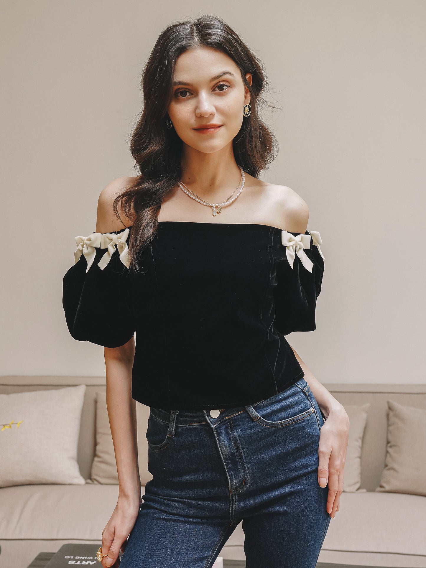 Black Bow-Tie Velvet Off-Shoulder Top