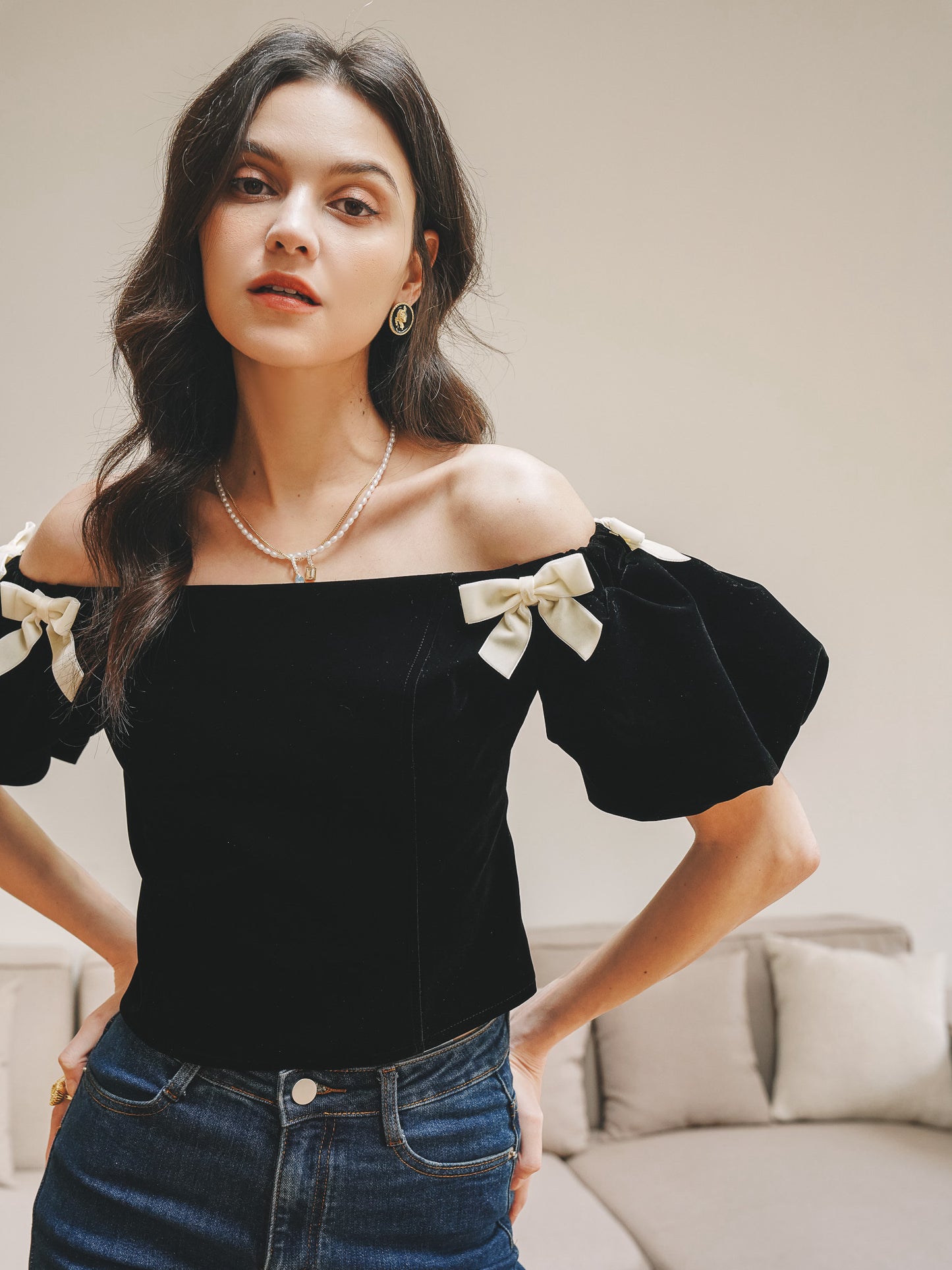 Black Bow-Tie Velvet Off-Shoulder Top