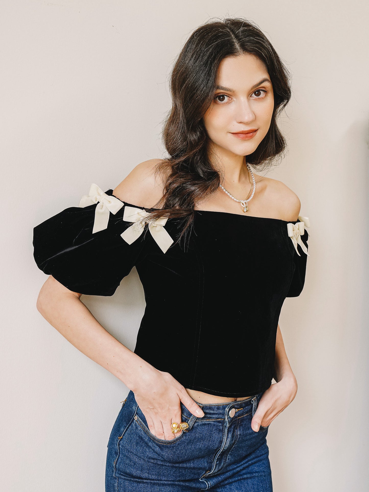 Black Bow-Tie Velvet Off-Shoulder Top