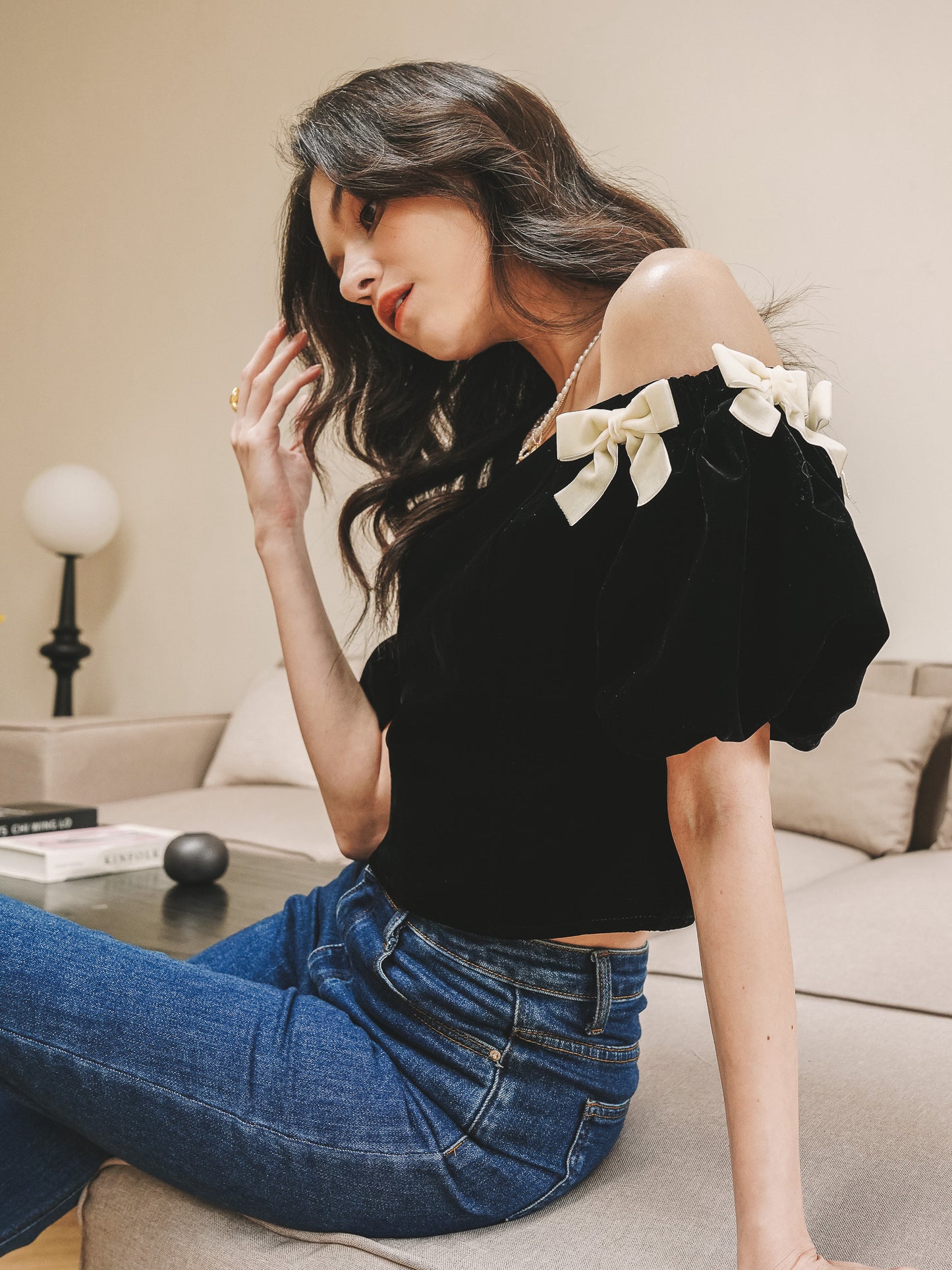 Black Bow-Tie Velvet Off-Shoulder Top