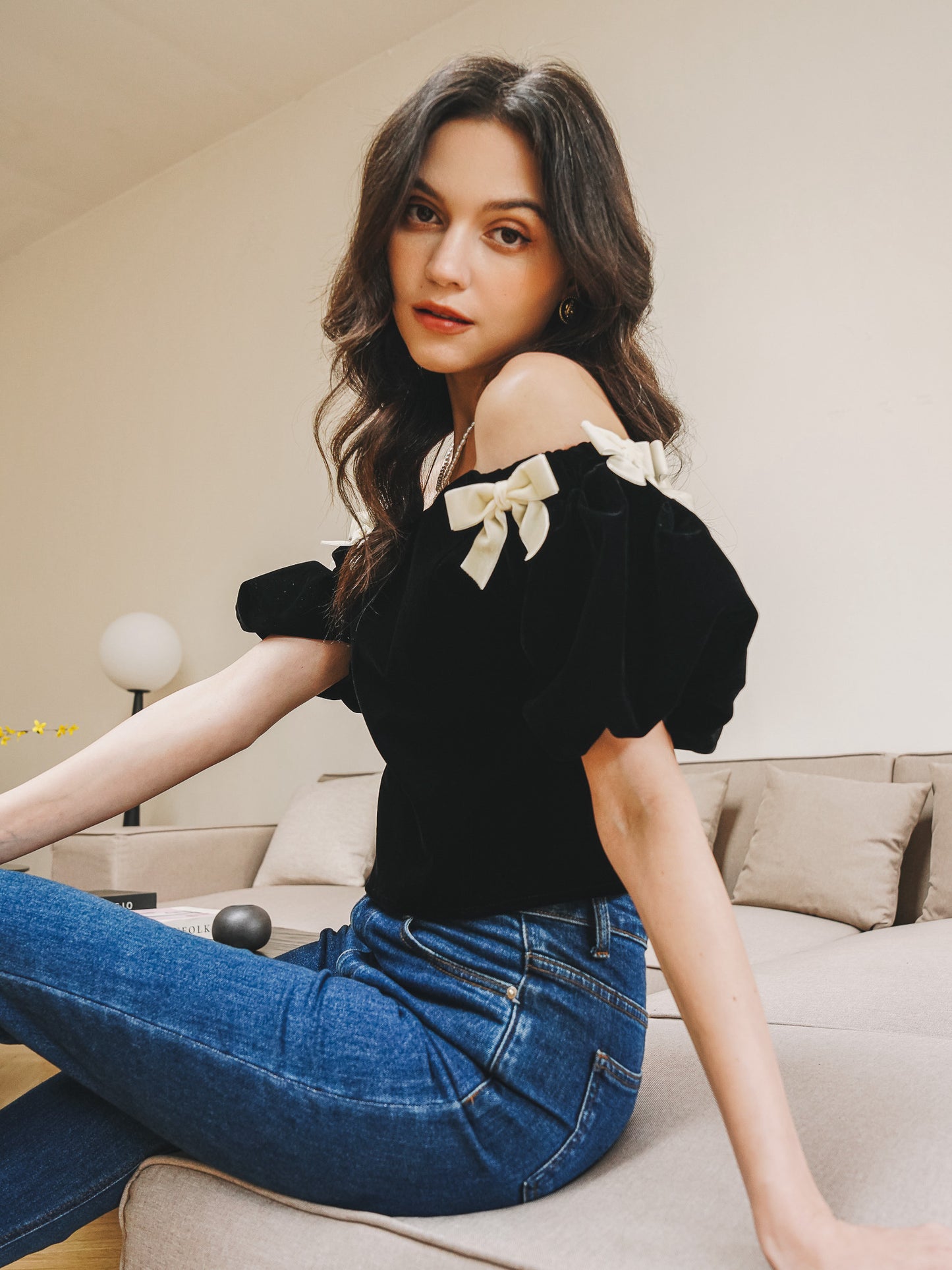 Black Bow-Tie Velvet Off-Shoulder Top