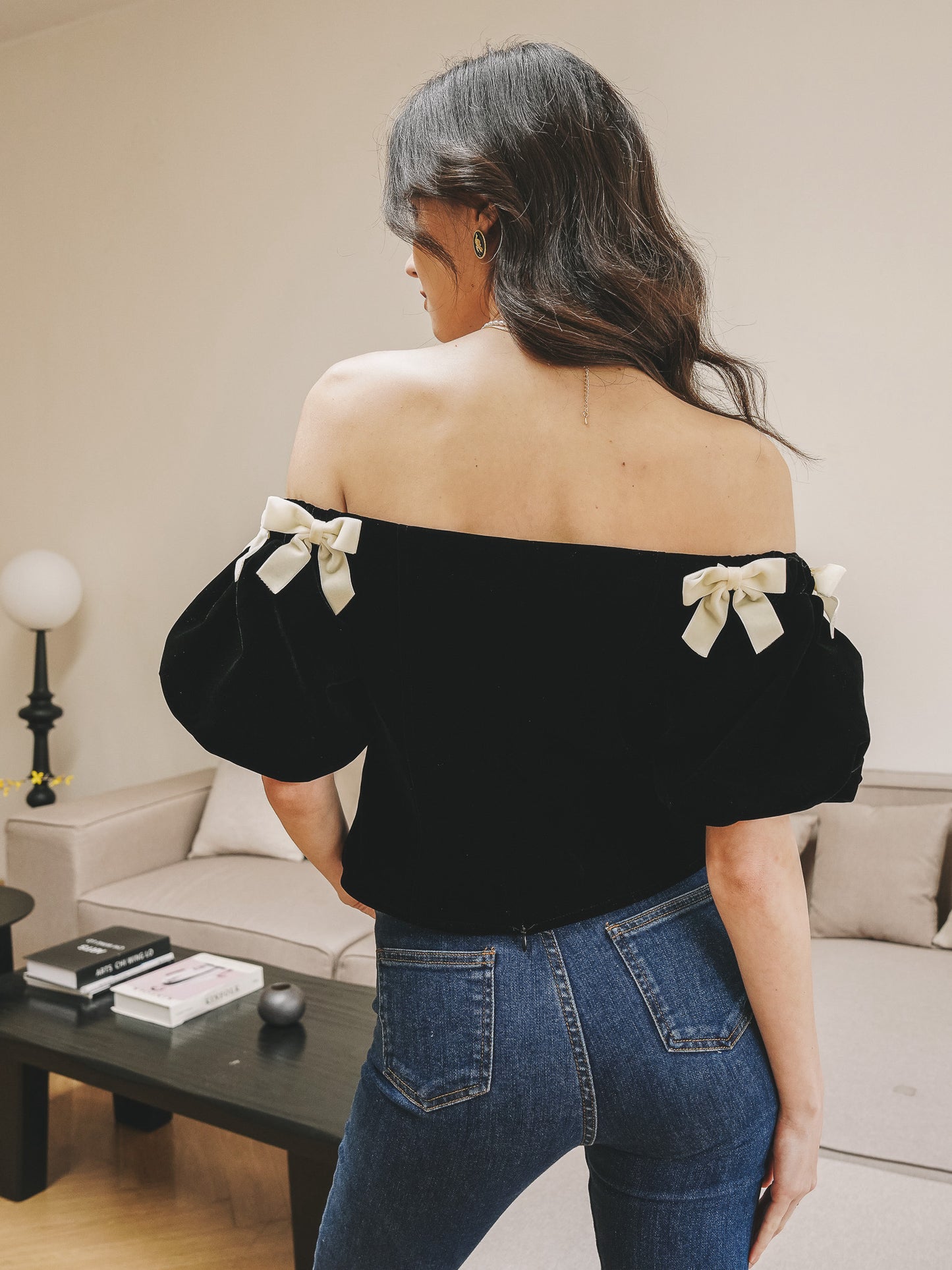 Black Bow-Tie Velvet Off-Shoulder Top