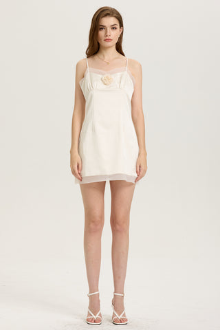 Sheer Trim Satin Mini Dress with Rose Embellishment