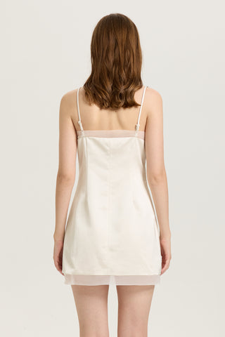 Sheer Trim Satin Mini Dress with Rose Embellishment