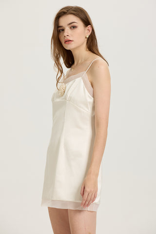 Sheer Trim Satin Mini Dress with Rose Embellishment