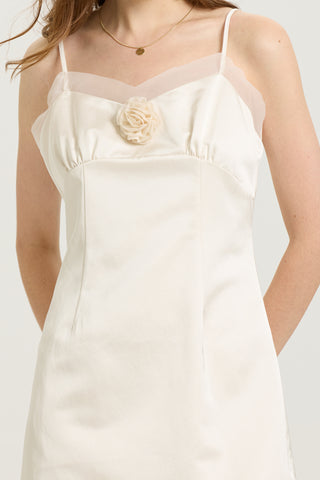 Sheer Trim Satin Mini Dress with Rose Embellishment