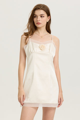 Sheer Trim Satin Mini Dress with Rose Embellishment