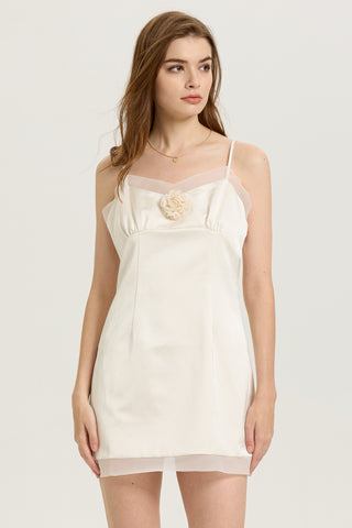 Sheer Trim Satin Mini Dress with Rose Embellishment
