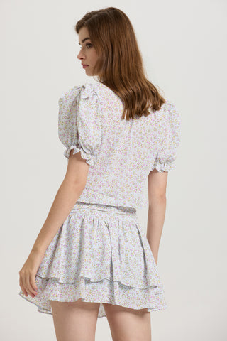 Floral Puff Sleeve Crop Top and Layered Skirt Set