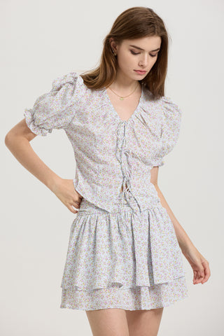 Floral Puff Sleeve Crop Top and Layered Skirt Set