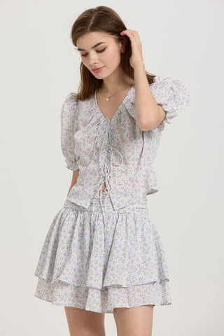 Floral Puff Sleeve Crop Top and Layered Skirt Set