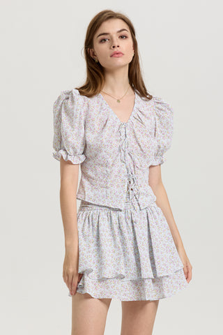 Floral Puff Sleeve Crop Top and Layered Skirt Set