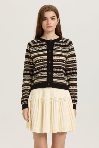 Black and Beige Fair Isle Button-Up Cardigan