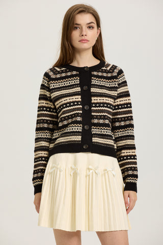 Black and Beige Fair Isle Button-Up Cardigan