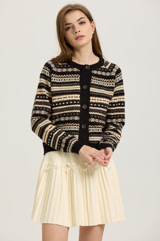 Black and Beige Fair Isle Button-Up Cardigan