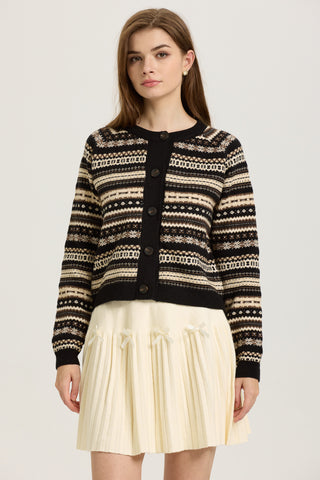 Black and Beige Fair Isle Button-Up Cardigan