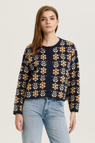 Navy and Mustard Floral Knit Cardigan