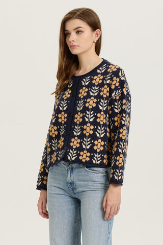 Navy and Mustard Floral Knit Cardigan