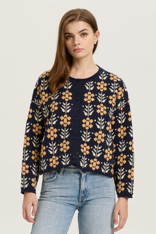 Navy and Mustard Floral Knit Cardigan
