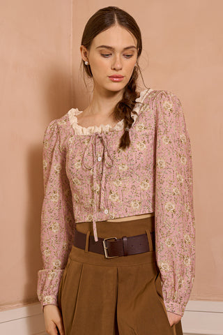 Cropped Floral Top with Lace Detail