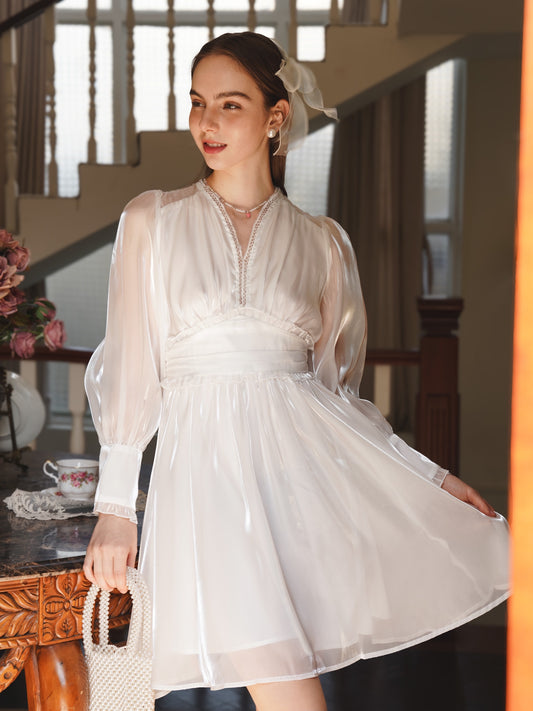 Luminous White Whimsical Dress with Lace Detailing