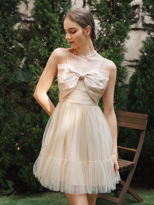 Champagne Tulle Cocktail Dress with Bow Accent and Sheer Overlay