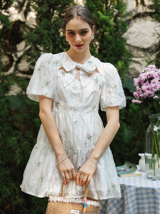 Garden Whimsy Puff-Sleeve Mini Dress with Bow Collar