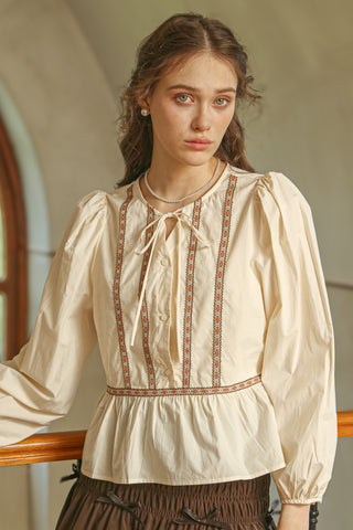 Peplum Blouse with Floral Embroidered Trim