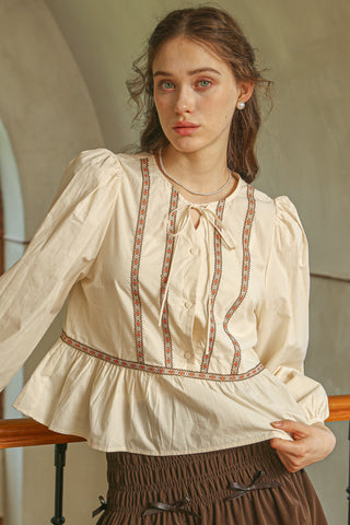 Peplum Blouse with Floral Embroidered Trim