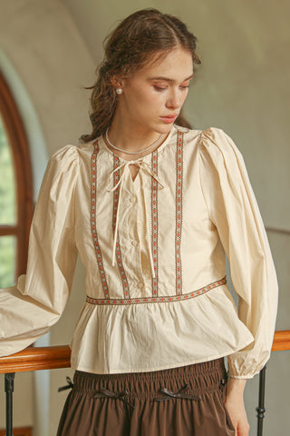 Peplum Blouse with Floral Embroidered Trim