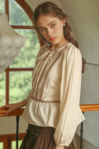 Peplum Blouse with Floral Embroidered Trim