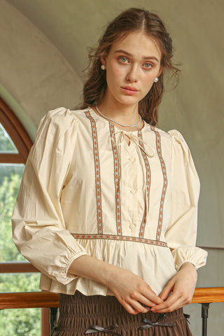 Peplum Blouse with Floral Embroidered Trim