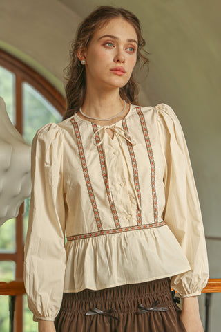 Peplum Blouse with Floral Embroidered Trim